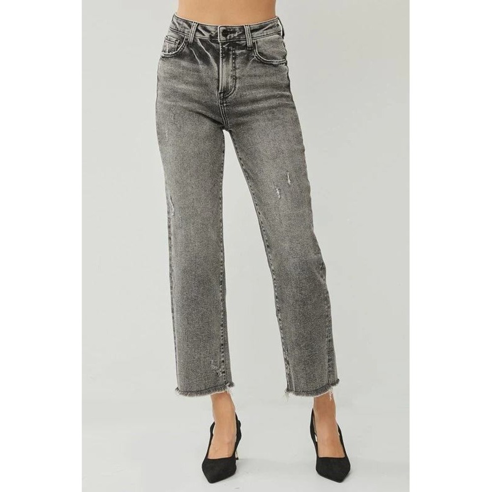 Risen Jeans Straight Leg Women 7/28 Black Acid Wash High Rise Frayed Hem Edgy